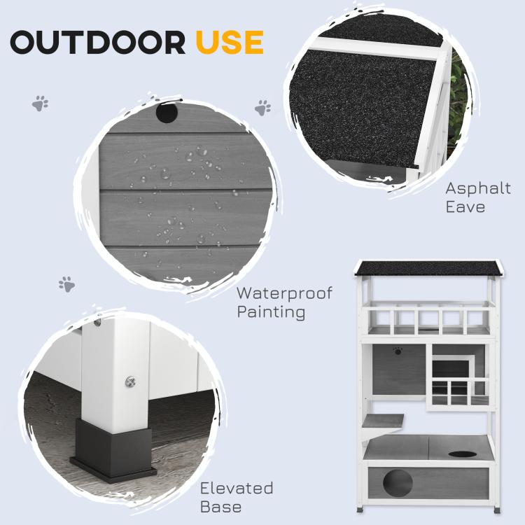 Light gray outdoor cat house with black asphalt roof paneling and raised base