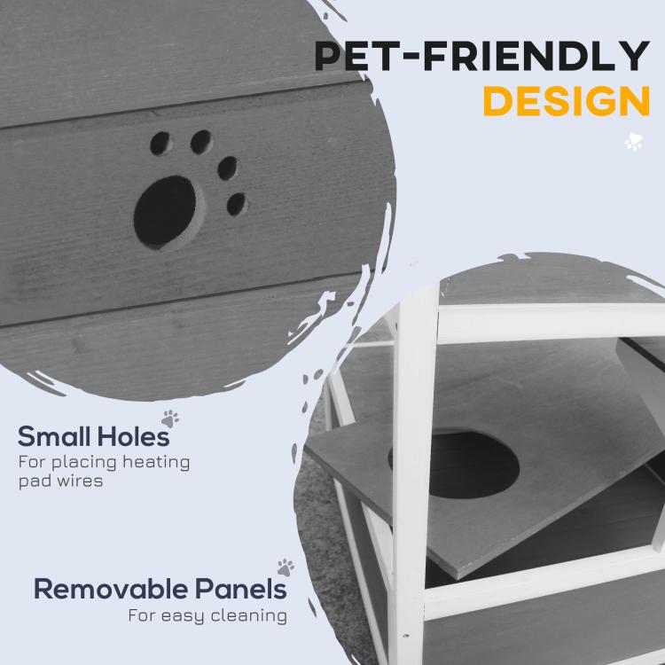 Gray wooden panel with paw-print holes and removable section for easy cleaning