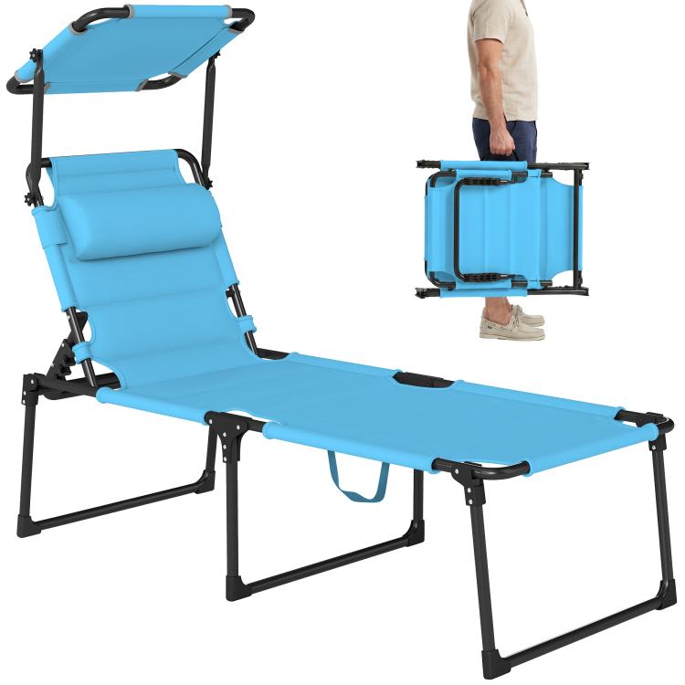 Blue outdoor lounge chair with cushioned seat and adjustable backrest, folding frame