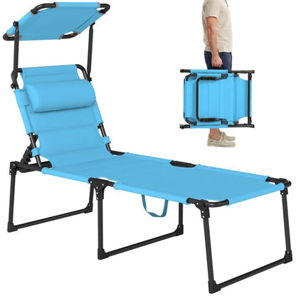 Blue outdoor lounge chair with cushioned seat and adjustable backrest, folding frame