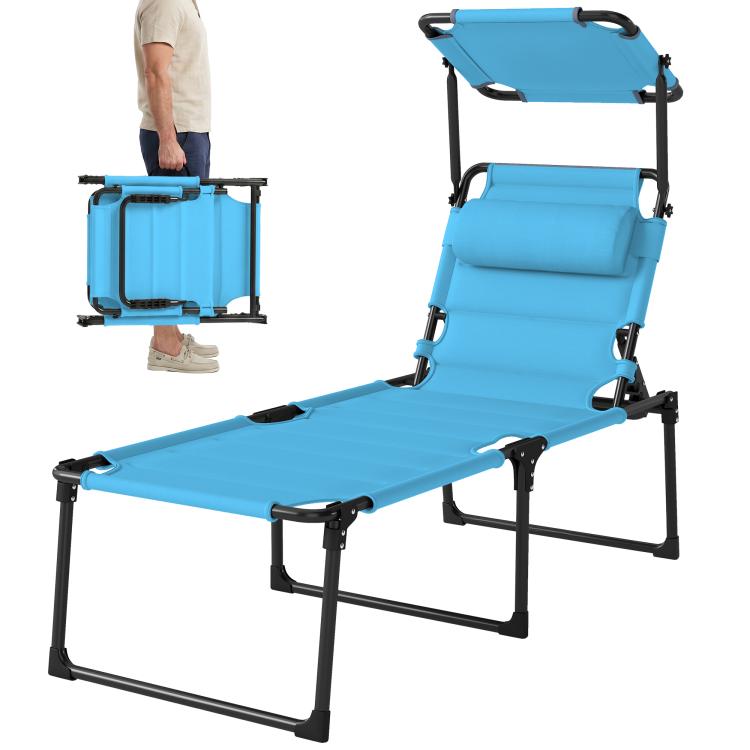 Blue outdoor lounge chair side view, cushioned backrest and foldable frame