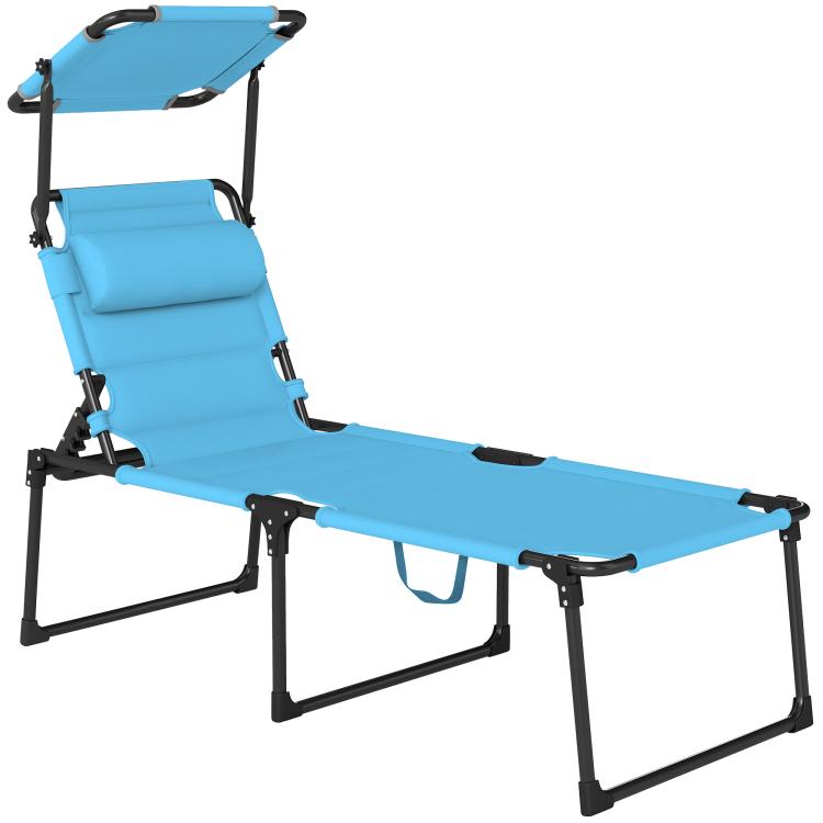 Blue folding outdoor lounge chair with cushioned seat and adjustable backrest