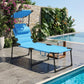 Blue lounge chair with sun shade roof, cushioned seat and padded backrest