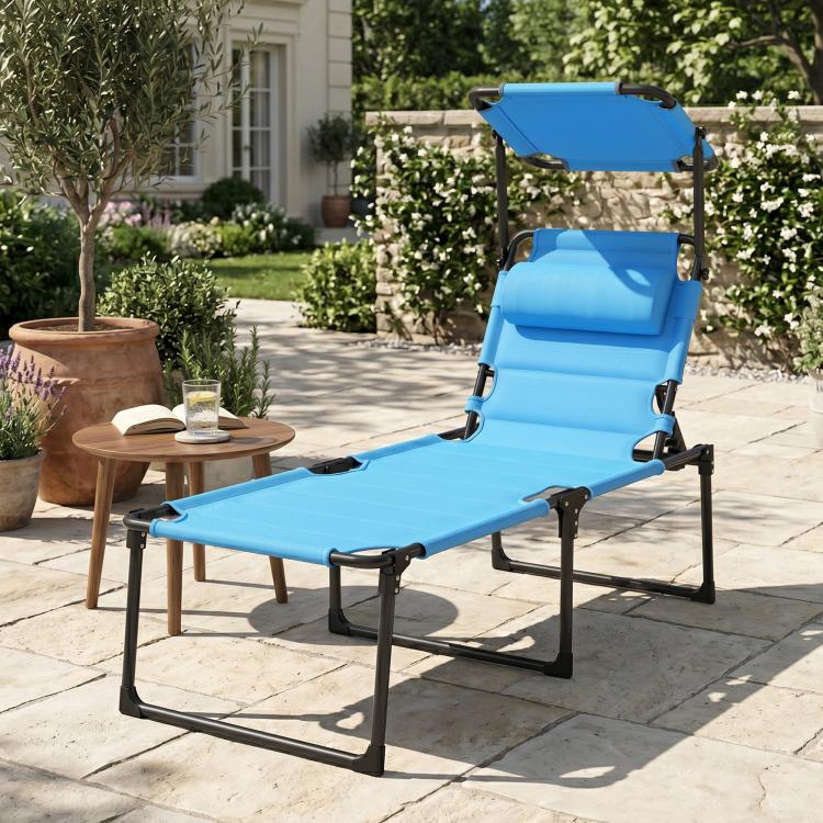 Blue cushioned lounge chair with sun shade roof and multi-position adjustable backrest