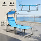 Blue folding lounge chair with cushioned seat and adjustable backrest, size shown
