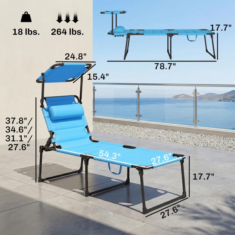 Blue folding lounge chair with cushioned seat and adjustable backrest, size shown