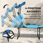 Blue outdoor lounge chair with cushioned reclining backrest and folding frame