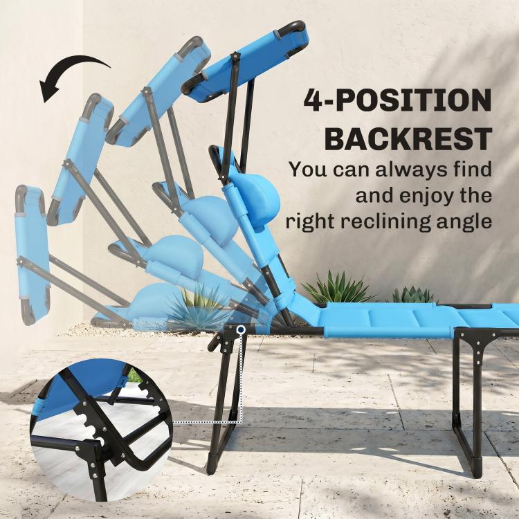Blue outdoor lounge chair with cushioned reclining backrest and folding frame