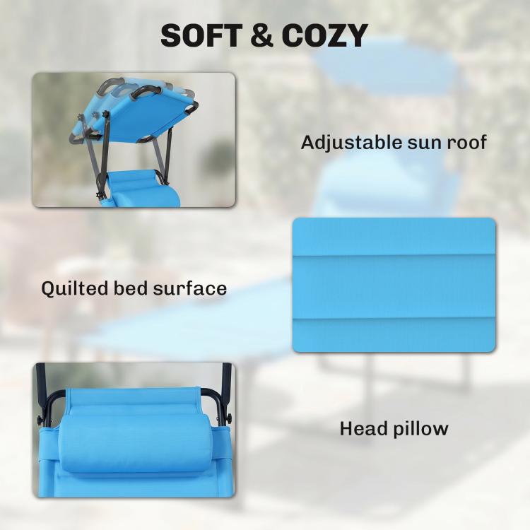 Blue outdoor lounge chair with quilted seat, adjustable sun roof, and head pillow