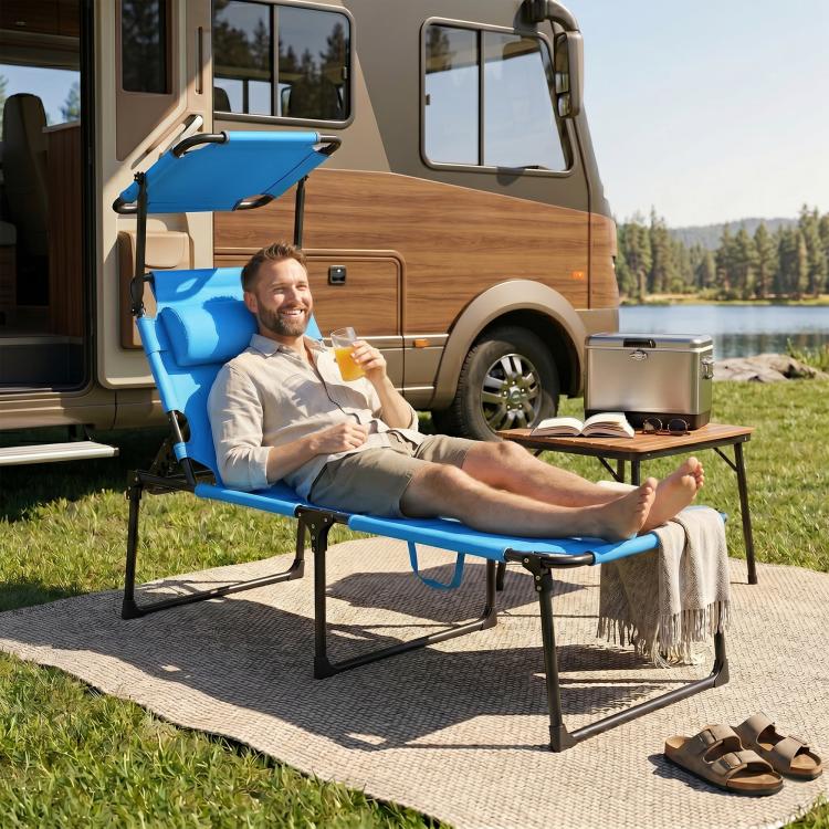 Blue outdoor lounge chair with cushioned seat and reclining backrest, foldable design