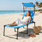 Blue outdoor lounge chair with sun shade roof, cushioned seat and reclining backrest