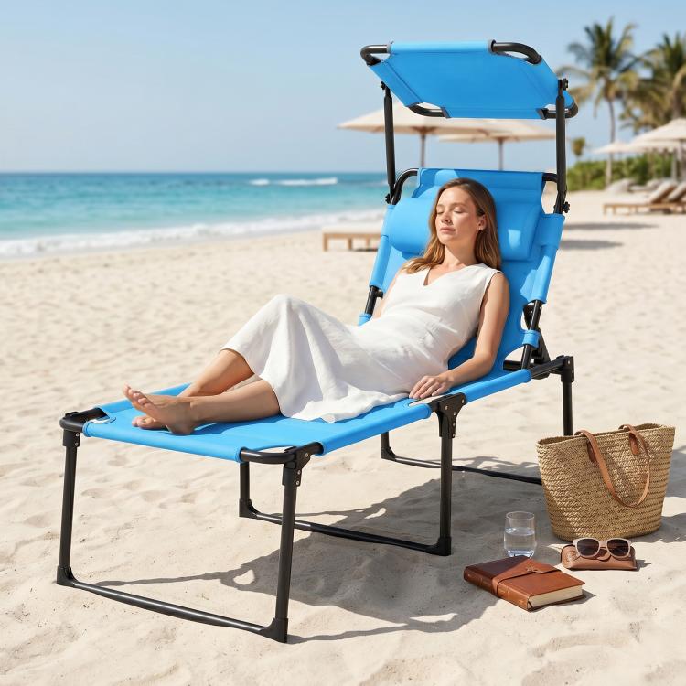 Blue outdoor lounge chair with sun shade roof, cushioned seat and reclining backrest