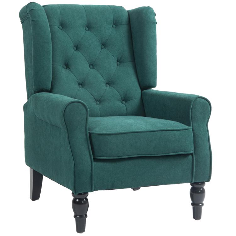 Dark green button-tufted wingback lounge chair with rounded arms and dark wooden legs