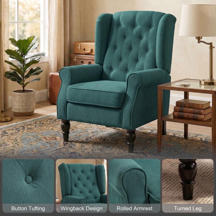 Dark green wingback accent chair with button-tufted back, rolled arms, and turned wood legs