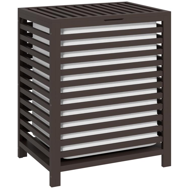 Coffee bamboo laundry hamper with slatted sides and open-top lid