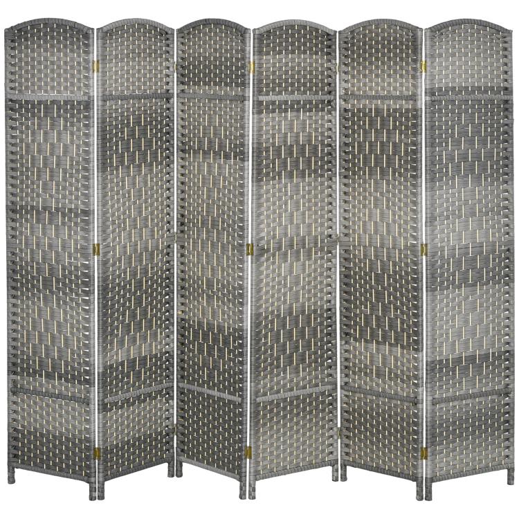 Gray six-panel folding privacy screen with arched woven panels and upright legs