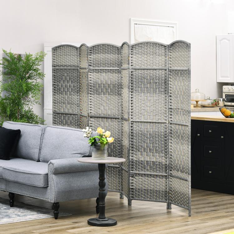 Gray six-panel folding room divider screen with arched woven privacy panels, freestanding