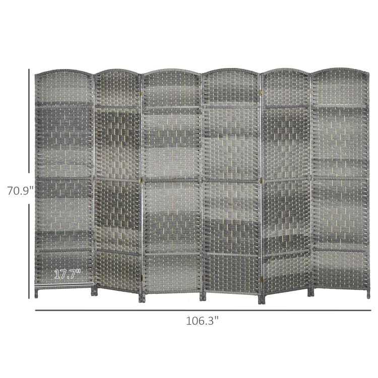 Six-panel gray folding privacy screen with woven panels and bottom stand feet