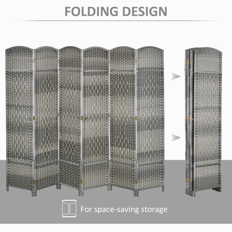 Gray six-panel folding privacy screen shown open and partially folded for storage