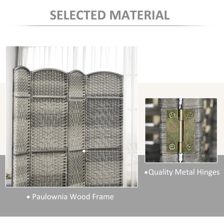 Gray woven folding privacy screen with visible hinge hardware details