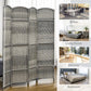 Gray six-panel folding privacy screen shown in multiple room setups