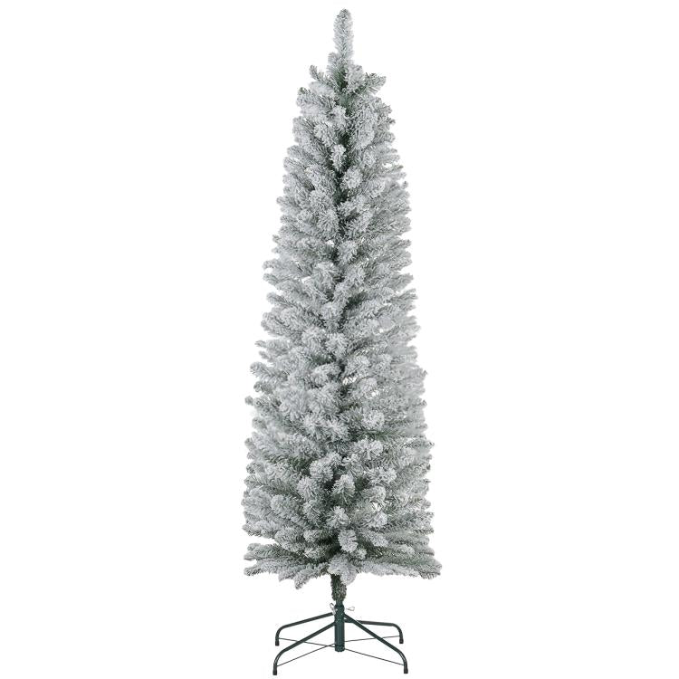 Snow-frosted artificial pencil Christmas tree with metal stand, front view