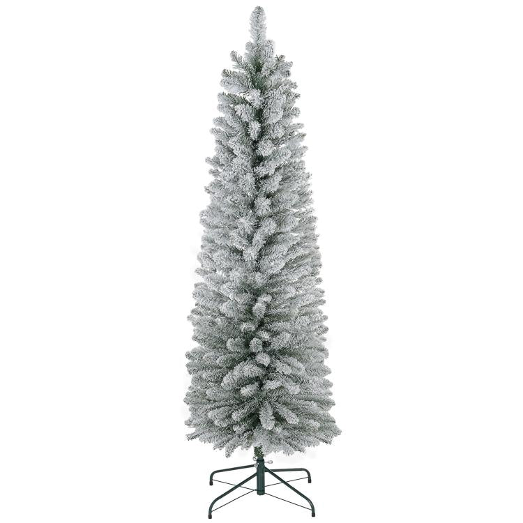 Snow flocked pencil artificial Christmas tree with metal base stand