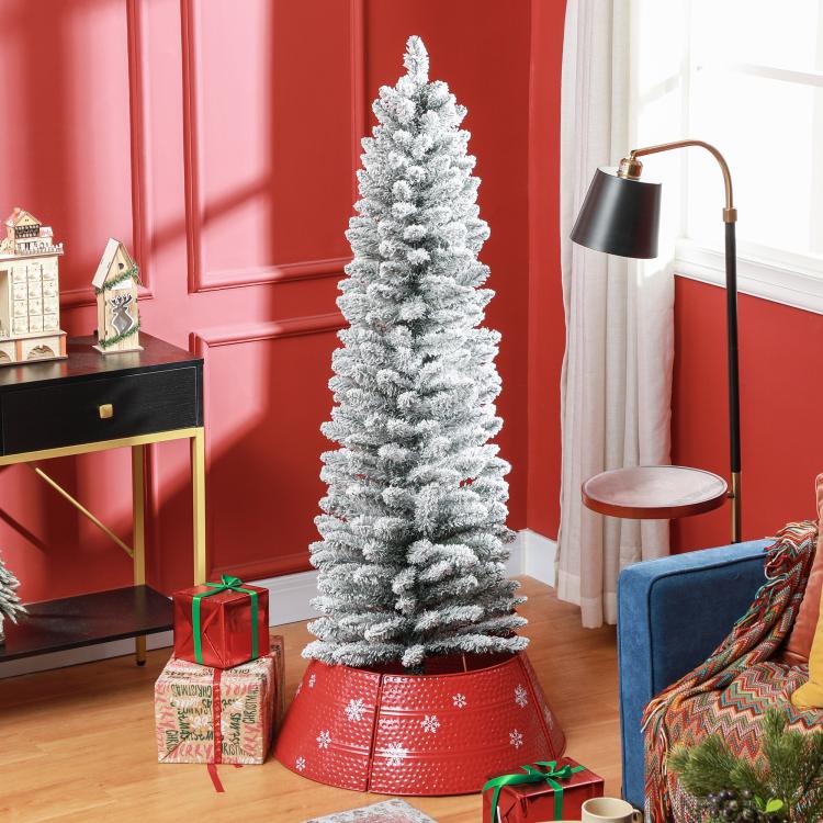 Snow-frosted artificial pencil Christmas tree with metal stand base