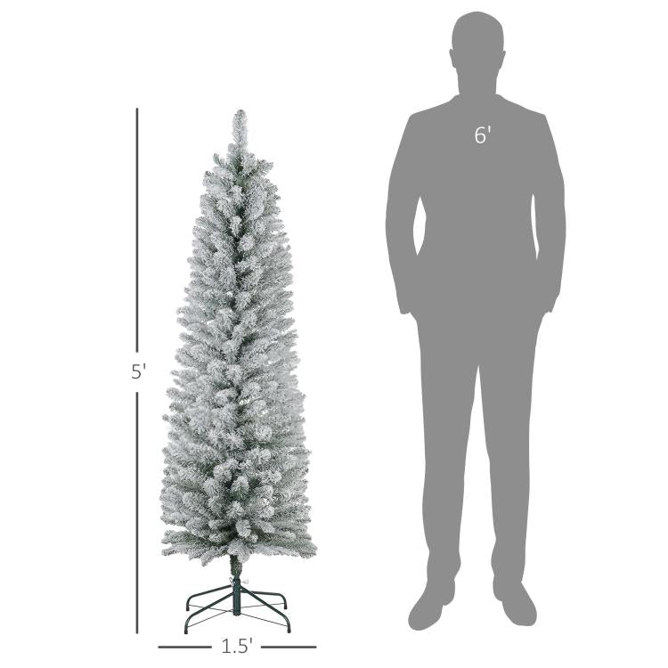 Snow-frosted artificial pencil Christmas tree with metal stand, height shown