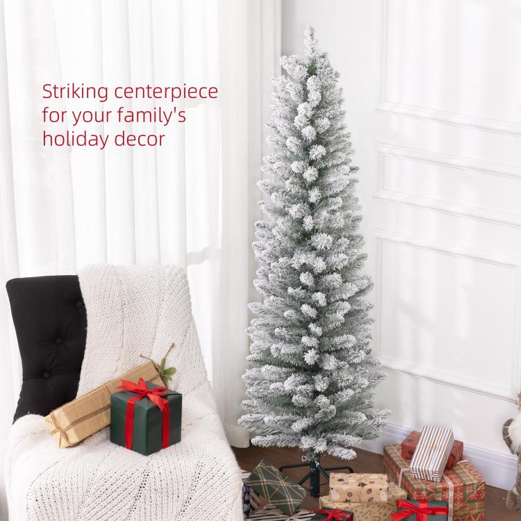 Snow-frosted artificial pencil Christmas tree with metal stand and flocked tips