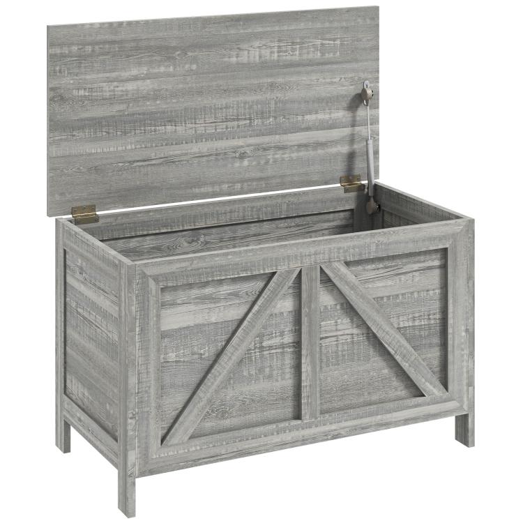 Gray lift-top storage chest with safety hinge and cross-panel front