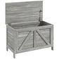 Gray wood-grain lift-top storage chest with lid open on safety hinge and interior