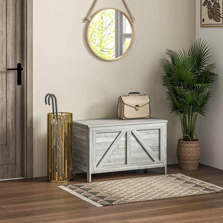 Gray farmhouse storage chest with lift top and cross-panel front, open lid
