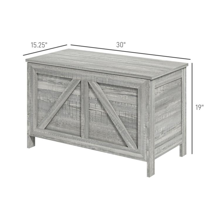 Gray lift-top storage chest with cross-panel front and safety hinge, 30"W x 19"H