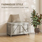 Gray farmhouse storage chest with lift top and cross-panel front, square legs