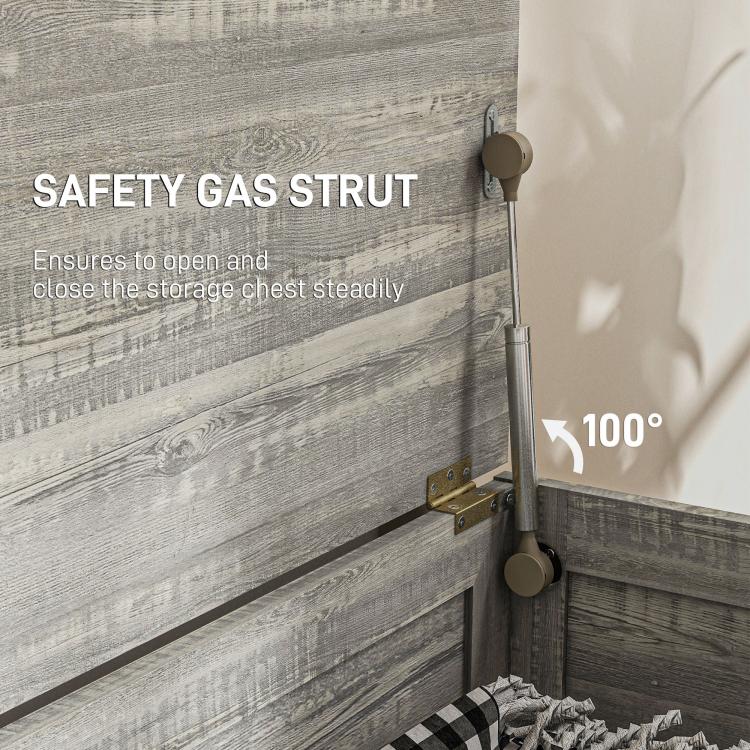 Gray safety gas strut hinge for lift-top lid on storage chest