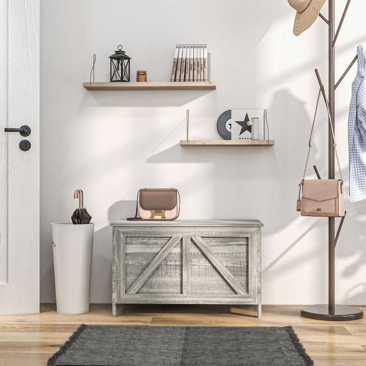 Gray lift-top storage chest with cross-panel front, compact organizer