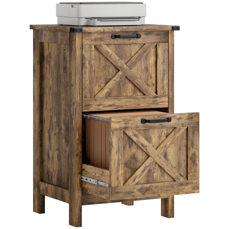 Rustic farmhouse vertical file cabinet with two front drawers and X-barn door panel doors