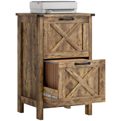 Rustic farmhouse vertical file cabinet with two front drawers and X-barn door panel doors