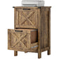 Rustic vertical file cabinet, top door and bottom drawer open to reveal interior file space