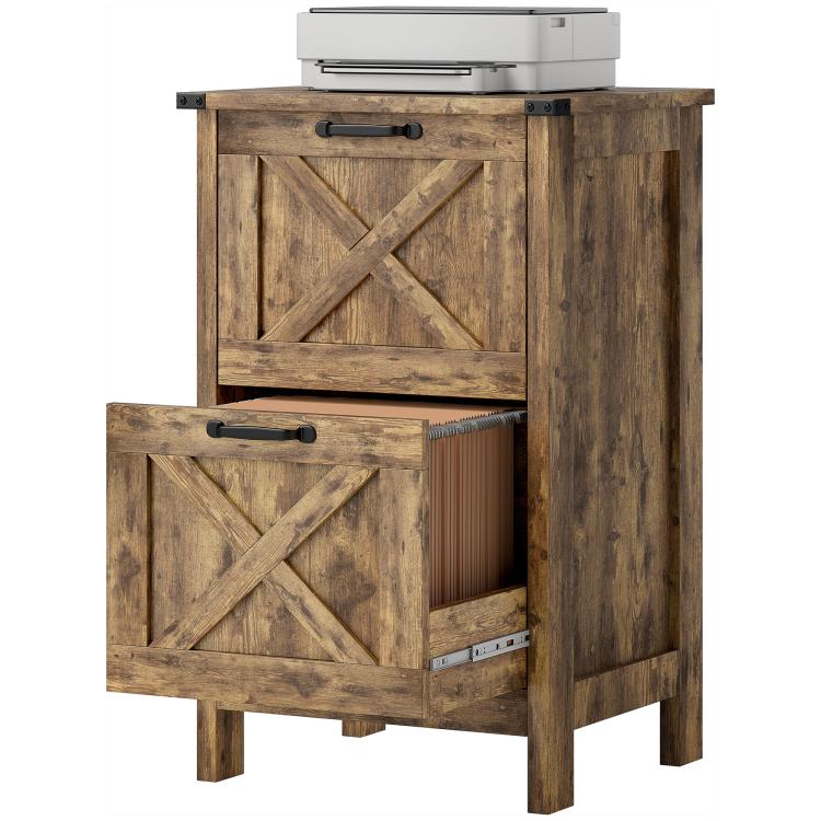 Rustic vertical file cabinet, top door and bottom drawer open to reveal interior file space