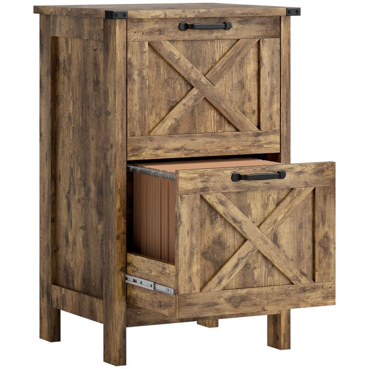 Rustic brown two-drawer file cabinet with black handles and X-pattern fronts