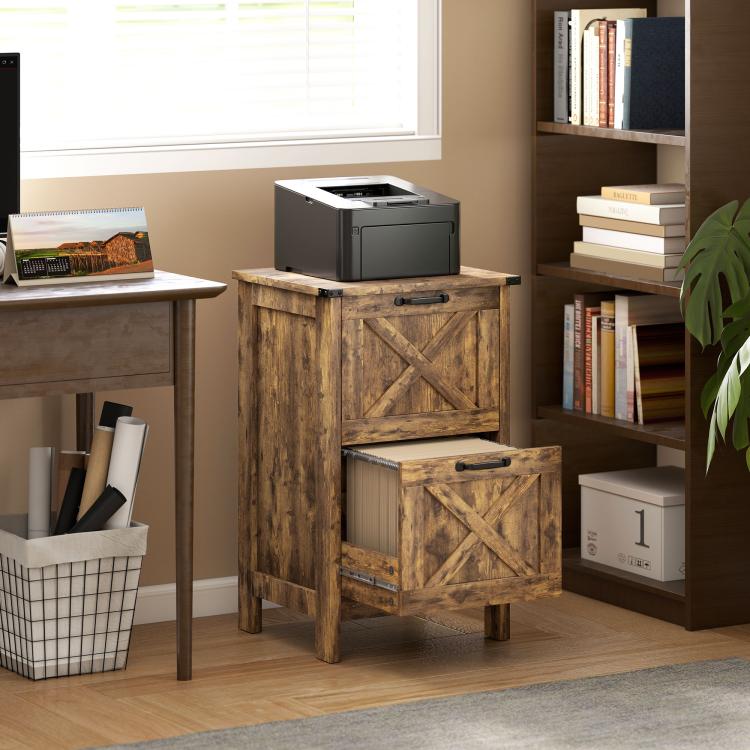 Rustic brown vertical file cabinet with top cabinet door and lower drawer, for office files