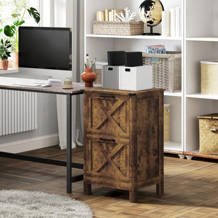 Rustic brown vertical file cabinet with barn-door style X pattern and two storage openings