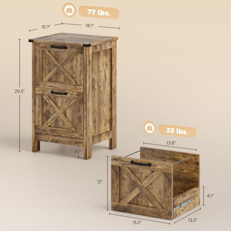 Rustic brown vertical file cabinet with X panel doors and two drawers, shown with dimensions