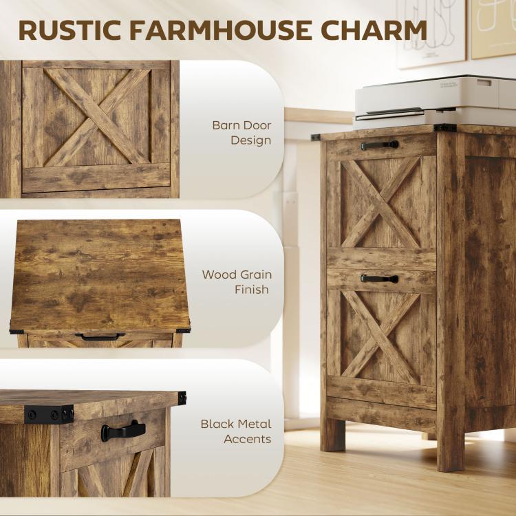 Rustic farmhouse file cabinet with barn door X design, wood-grain finish, and black metal pulls