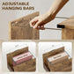 Adjustable hanging bars inside a rustic file cabinet for letter and A4 paper sizes