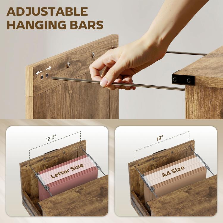 Adjustable hanging bars inside a rustic file cabinet for letter and A4 paper sizes