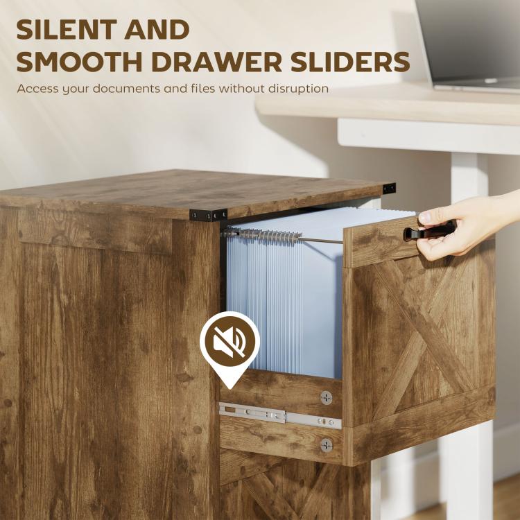 Hand sliding a file drawer closed in a rustic vertical file cabinet with silent rails