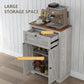 Light gray sideboard cabinet with open drawer and cupboard doors, exposed storage